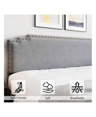 Full/Queen/King Size Bed Frame, Velvet Upholstered Platform Bed Frame With Rivet Decor Headboard And Strong Wood Slat Support, No Box Spring Needed, Easy Assembly, Grey