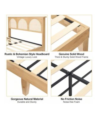 Full/Queen Bed Frame With Rattan Headboard, Boho Cane Platform Bed Frame With LED Lights, Solid Wood Foundation With Wood Slat Support/No Box Spring Needed/Easy Assembly/Noise-Free