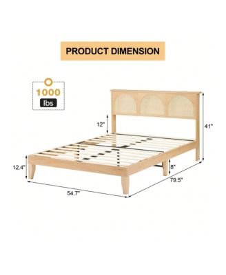 Full/Queen Bed Frame With Rattan Headboard, Boho Cane Platform Bed Frame With LED Lights, Solid Wood Foundation With Wood Slat Support/No Box Spring Needed/Easy Assembly/Noise-Free