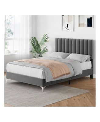Platform Bed Frame With Adjustable Velvet Upholstered Headboard, Mattress Foundation With Wooden Slat Support, No Box Spring Needed, Dark Grey
