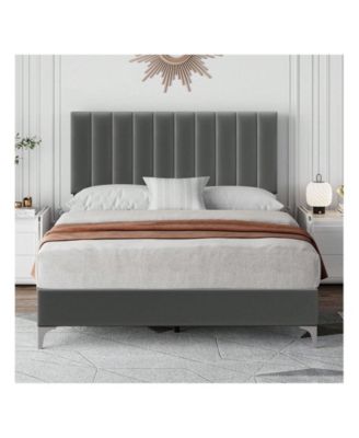 Platform Bed Frame With Adjustable Velvet Upholstered Headboard, Mattress Foundation With Wooden Slat Support, No Box Spring Needed, Dark Grey