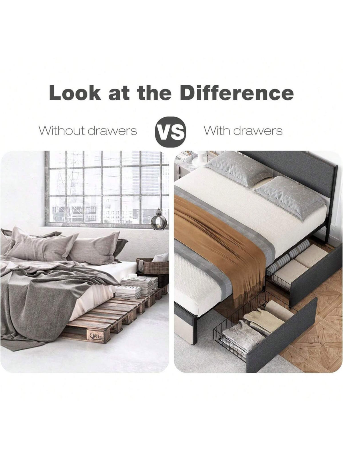 gaomon Upholstered Bed Frame, With 2 Storage Drawers, Sturdy Steel Slats Support, No Box Spring Needed, No Noise, Full/Queen Size
