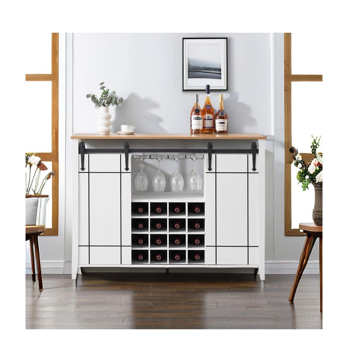 gaomon Farmhouse Coffee Bar Cabinet with Storage, 47 Wine Bar Cabinet with Sliding Barn Door, Buffet Sideboard Cabinet