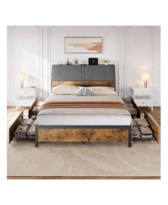 Full/Queen Size Vintage Style Bed Frame, Ergonomic Large Storage Bed With Four Under-Bed Drawers, Provides Superior Under-Bed And Backrest Storage Space, Comfortable Upholstered Backrest, No Box Spring Mattress Required,No Noise