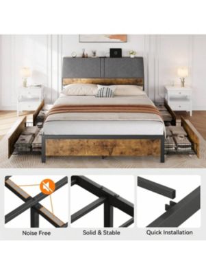 Full/Queen Size Vintage Style Bed Frame, Ergonomic Large Storage Bed With Four Under-Bed Drawers, Provides Superior Under-Bed And Backrest Storage Space, Comfortable Upholstered Backrest, No Box Spring Mattress Required,No Noise