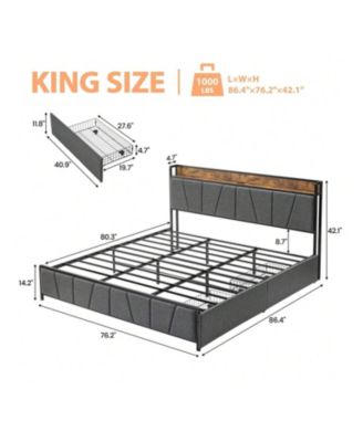 Bed Frame With Storage Headboard And 2 Drawers, Linen Upholstered Platform Bed Frame With Charging Station, Heavy Duty, No Box Spring Needed, Easy Assembly, Noise Free