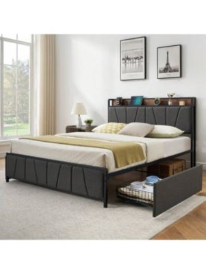 Bed Frame With Storage Headboard And 2 Drawers, Linen Upholstered Platform Bed Frame With Charging Station, Heavy Duty, No Box Spring Needed, Easy Assembly, Noise Free