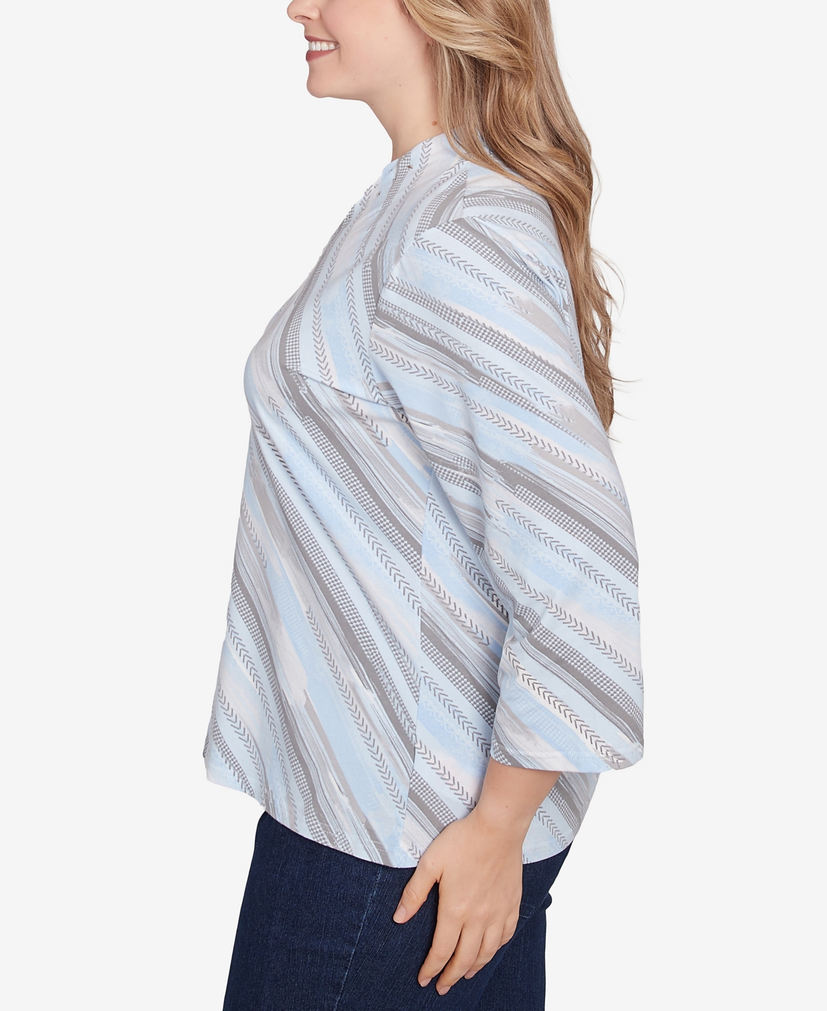 Hearts Of Palm Plus Size Blue My Mind Funnel Neck Embellished Top In Light Blue Multi
