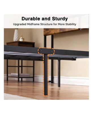 Full Size Metal Platform Bed Frame with Storage, Rustic Vintage Wood Headboard, Strong Metal Slats, Mattress Foundation, No Box Spring