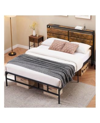 Full Size Metal Platform Bed Frame with Storage, Rustic Vintage Wood Headboard, Strong Metal Slats, Mattress Foundation, No Box Spring