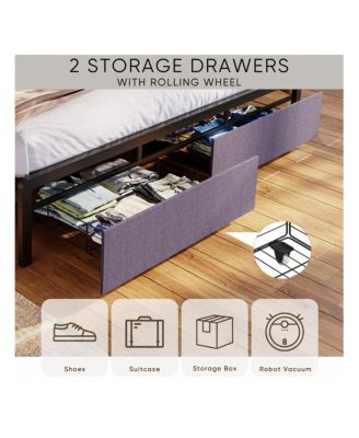 Full Size Bed Frame With Storage Headboard, 2 Drawers, Charging Station LED Upholstered Bed Frame, No Box Spring Needed Platform Bed Frame For Bedroom, Guest Room