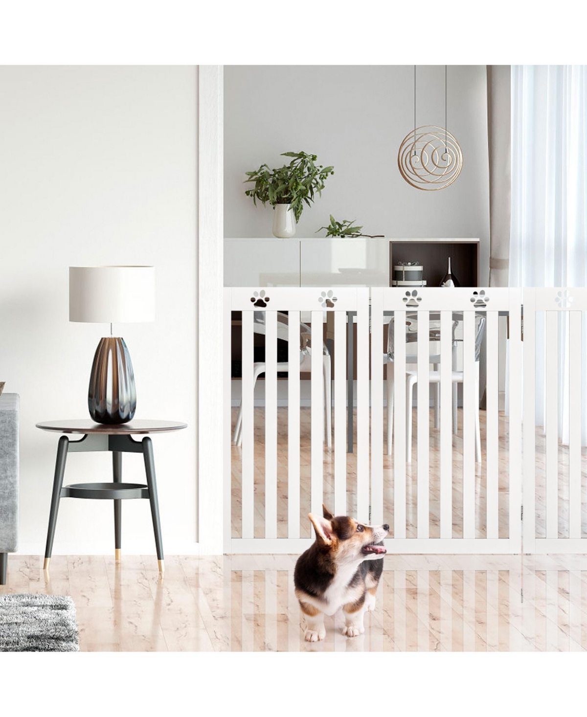 Gouun Folding Wooden Freestanding Pet Gate Dog Gate with 360° Flexible Hinge- White