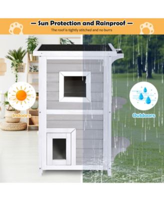 2-Story Wooden Cat House with Escape Door Rainproof