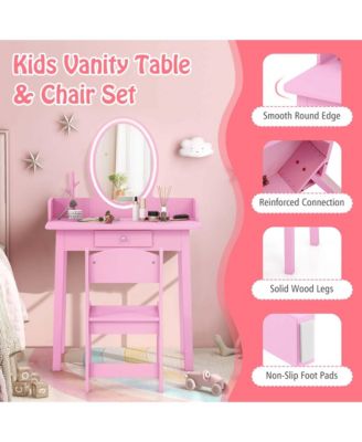 Kids Vanity Set with Lighted Mirror Chair 2-Color LED Lighting for Girls Makeup