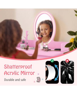 Kids Vanity Set with Lighted Mirror Chair 2-Color LED Lighting for Girls Makeup