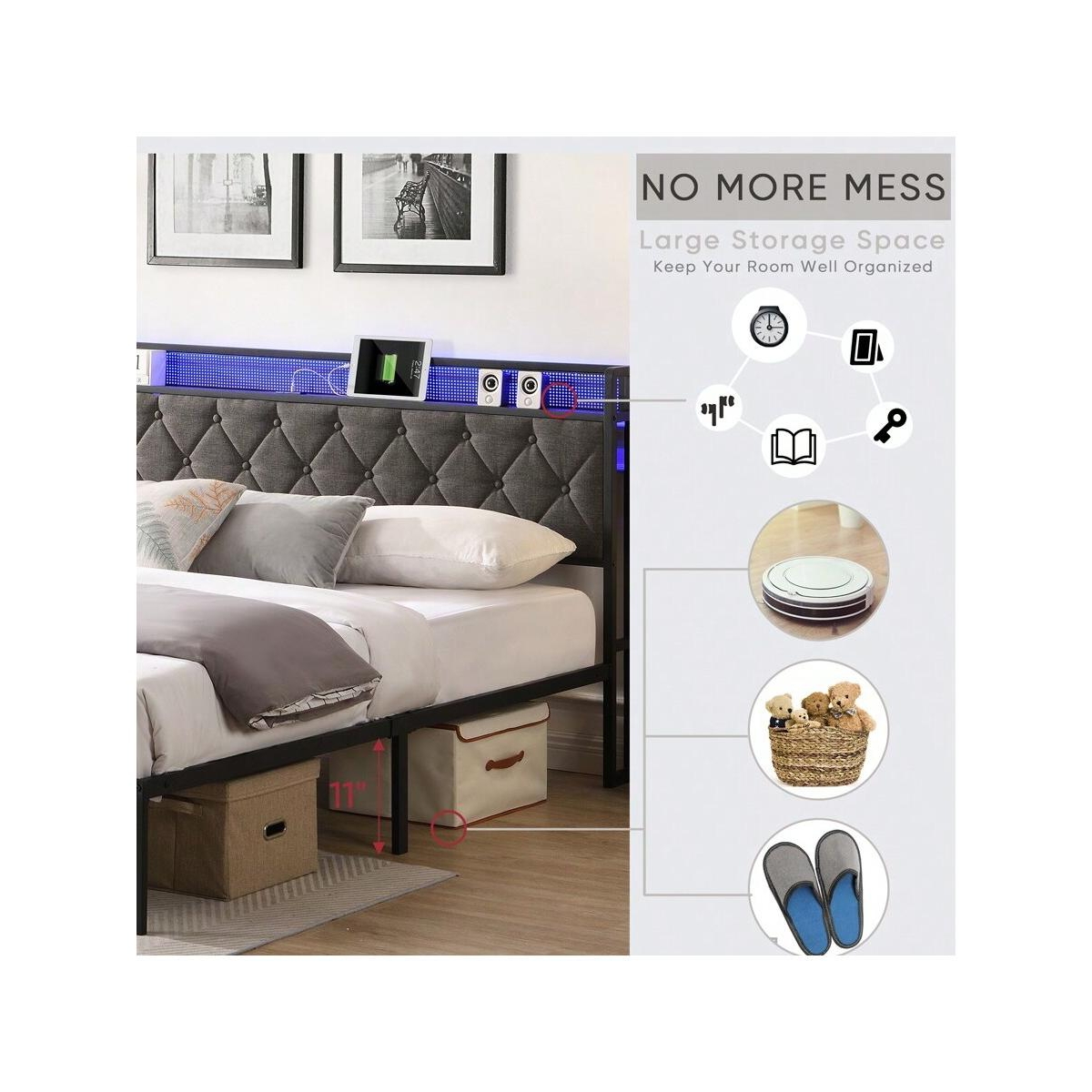 gaomon Full Size Bed With Storage Headboard, Charging Station And Led Lights, Upholstered Platform Bed Frame With Metal Slats, Noise Free, No Box Spri