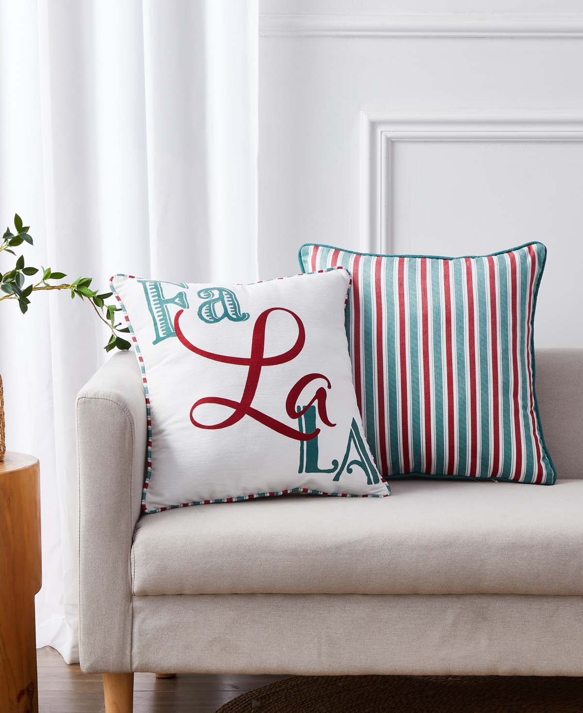 Videri Home Holiday Fa La La Stripe Decorative Pillow Set, 18