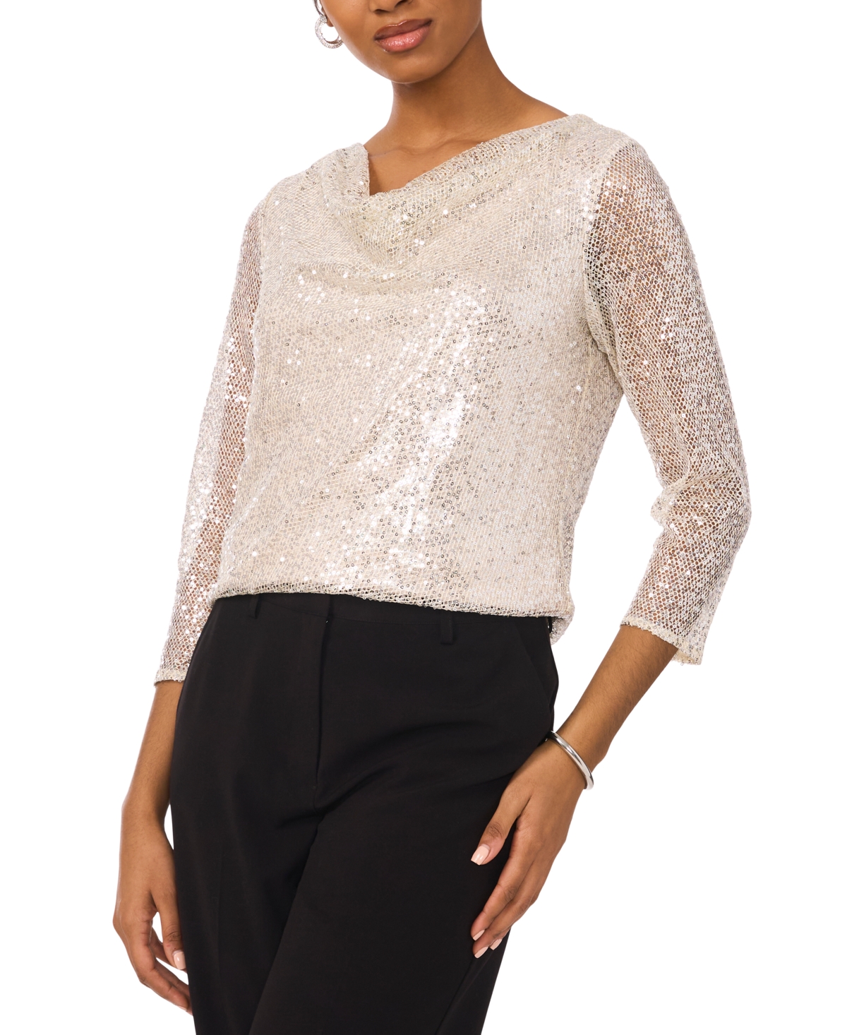 Msk Petite Sequin 3/4-sleeve Cowlneck Top In Champagne,silver