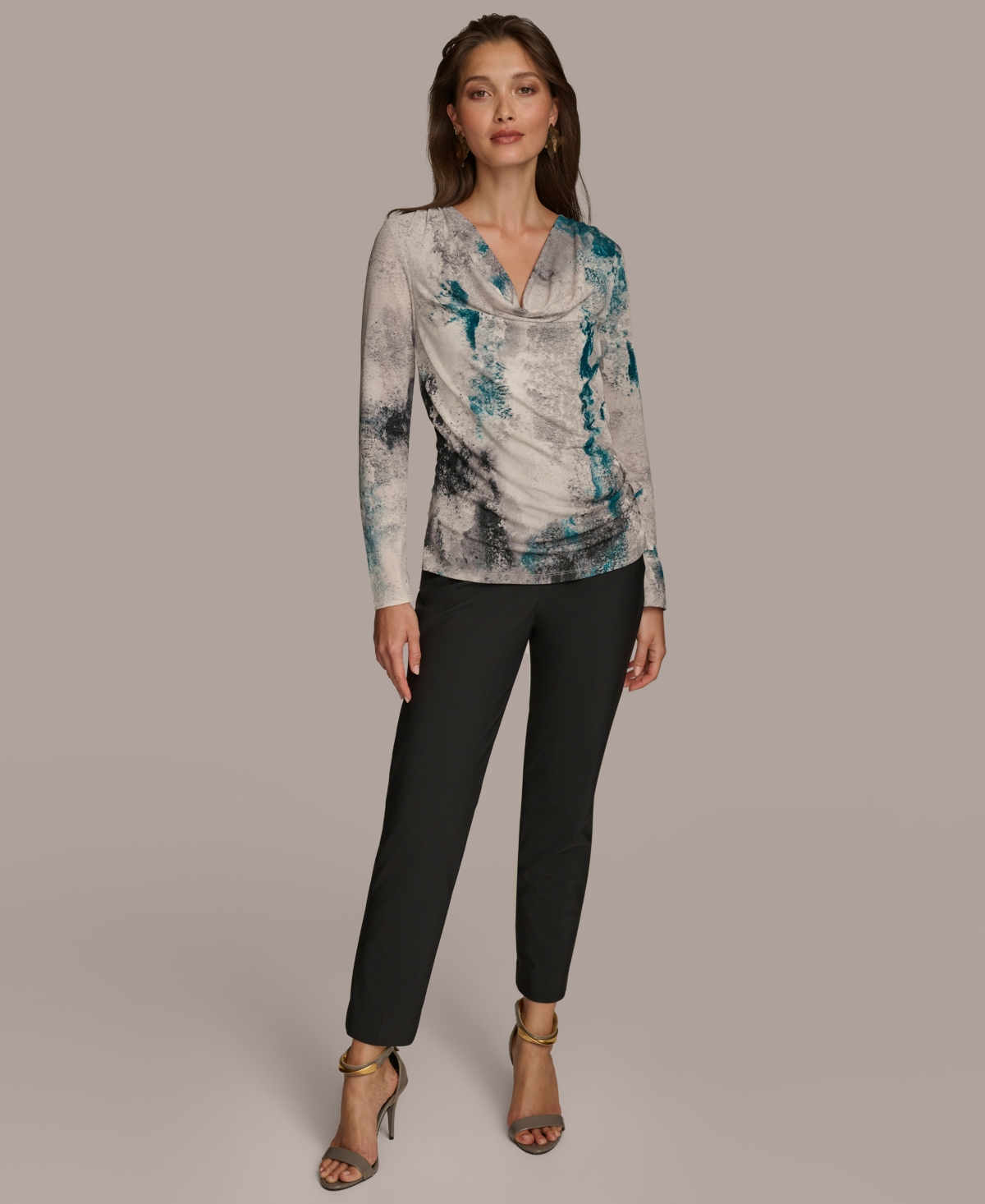 Donna Karan New York Women's Printed Long-Sleeve Draped-Front Top