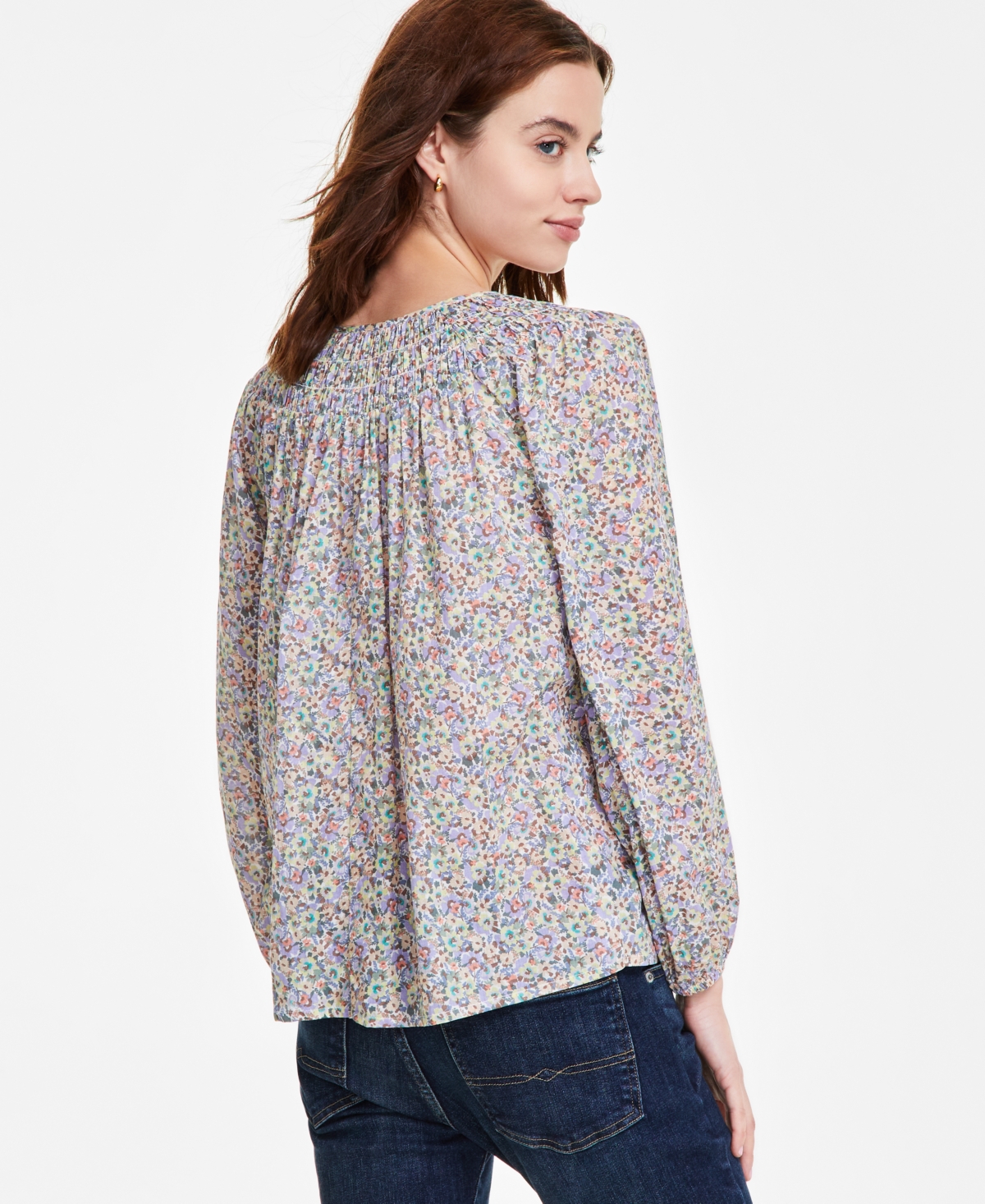 LUCKY BRAND WOMEN'S SMOCKED LONG-SLEEVE BLOUSE 