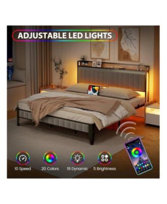 Full/Queen/King Size Bed Frame With Charging Station, LED Bed Frame With Storage Headboard, Upholstered Platform Bed Frame, No Box Spring Needed, Easy Assembly