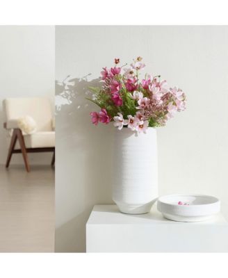 White Terracotta 16.1-Inch Tall Indoor and Outdoor Cylinder Vase