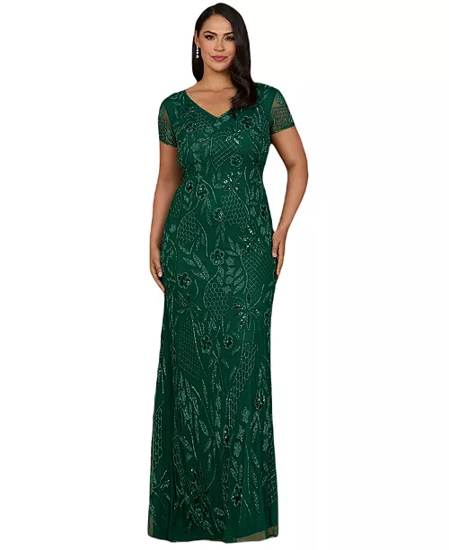 women's v-neck, short sleeve beaded gown