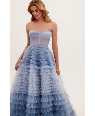 Women's Light Blue Strapless Frill-Layered Fluffy Dress