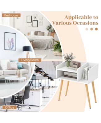 Mid Century Modern End Table with Open Shelves Metal Support Legs for Bedroom