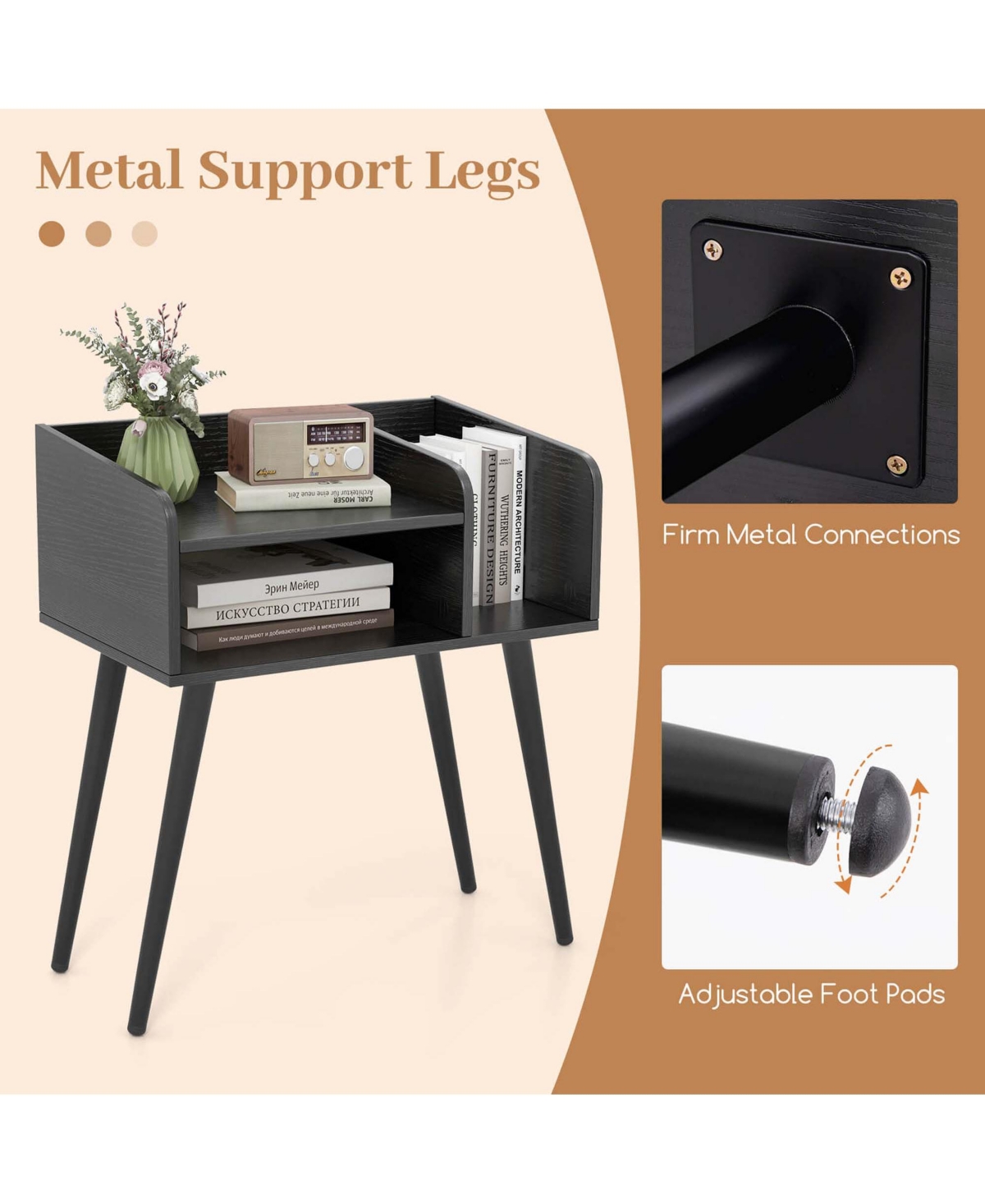 Costway Mid Century Modern End Table with Open Shelves Metal Support Legs for Bedroom