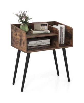 Mid Century Modern End Table with Open Shelves Metal Support Legs for Bedroom