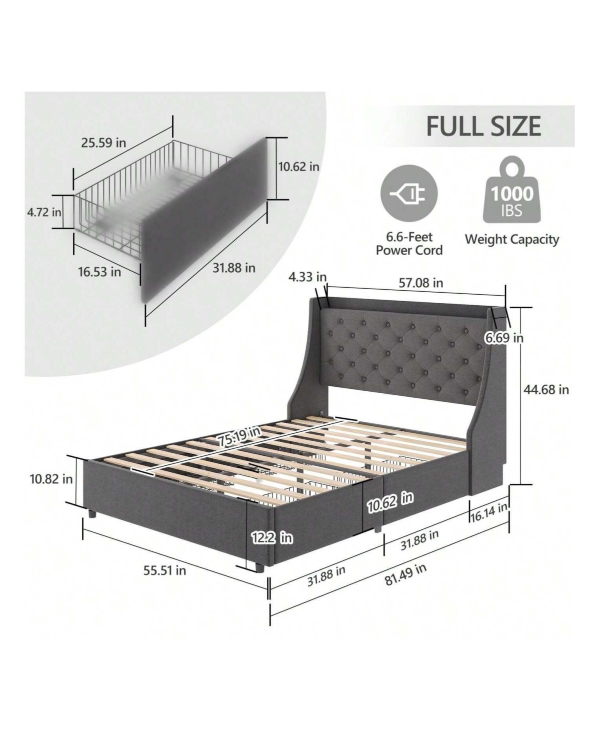 gaomon Full /Queen Bed Frame With 4 Storage Drawers, Platform Bed With Type-c & Usb Port And Charging Station, Upholstered Wingback Headboard And Stor