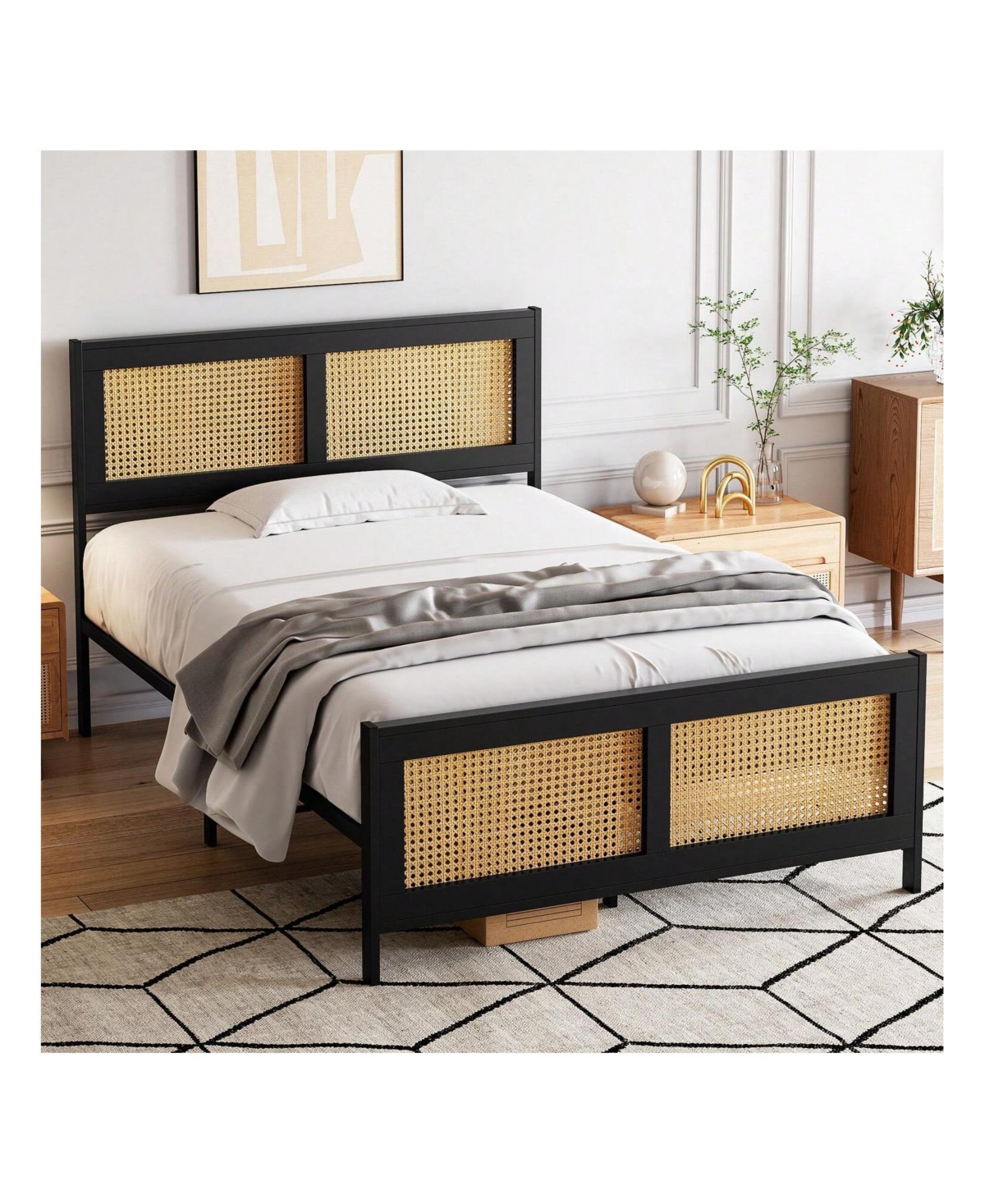 gaomon Twin/Full/Queen/King Size Bed Frame With Rattan Headboard And Footboard Rattan Platform Bed Frame, Mattress Foundation, Noise-Free, No Box Spri