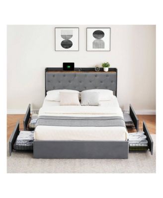 Upholstered Bed Frame With Charging Station Headboard & 4 Storage Drawers, Platform Bed Frame Mattress Foundation With Wooden Slats Support, No Box Spring Needed