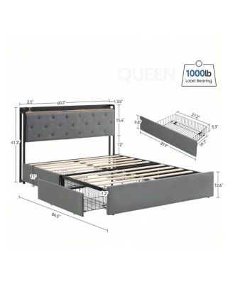 Upholstered Bed Frame With Charging Station Headboard & 4 Storage Drawers, Platform Bed Frame Mattress Foundation With Wooden Slats Support, No Box Spring Needed