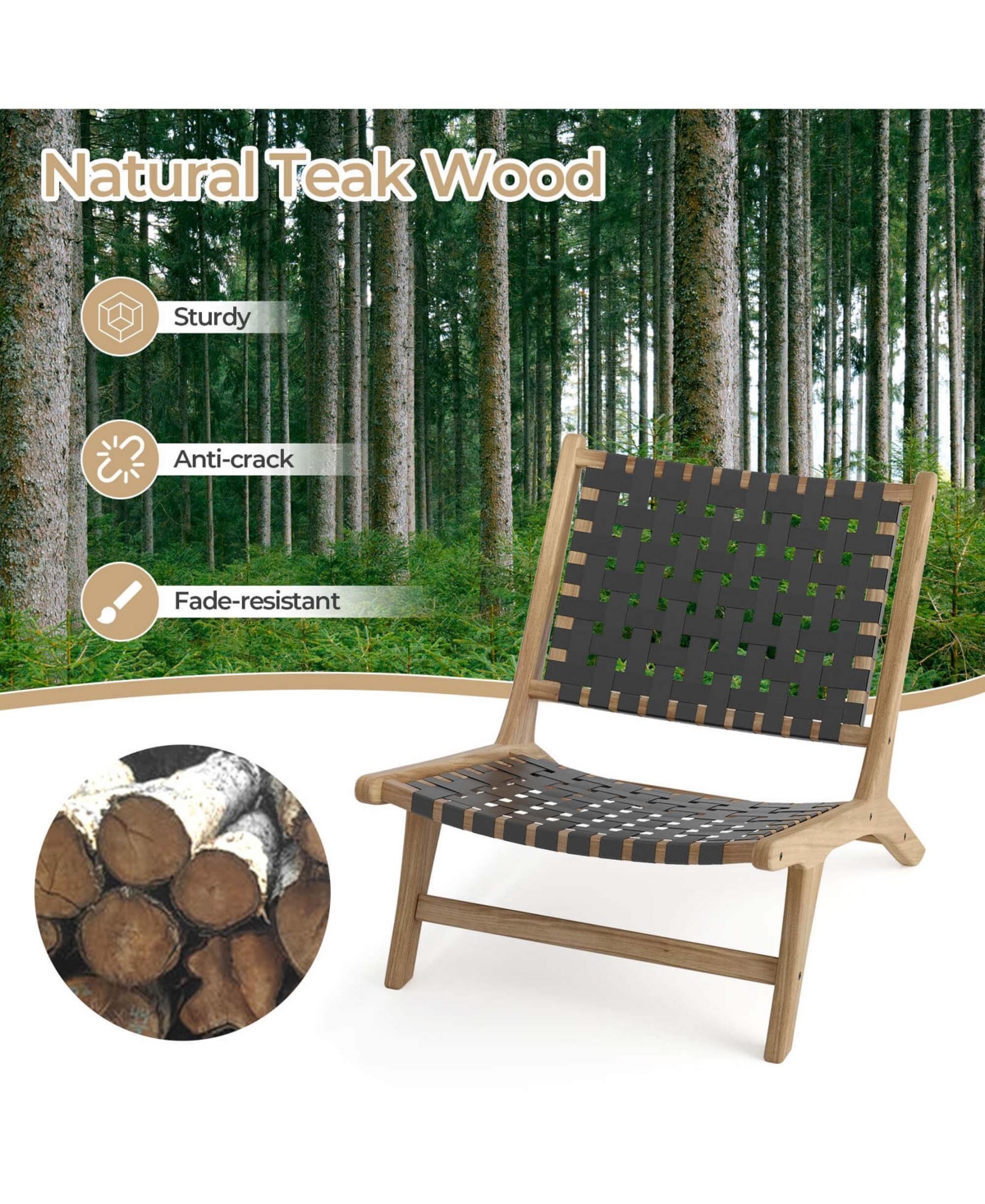 Modern Teak Wood Lounge Chair with Nylon Woven Backrest & Seat Comfy Reading
