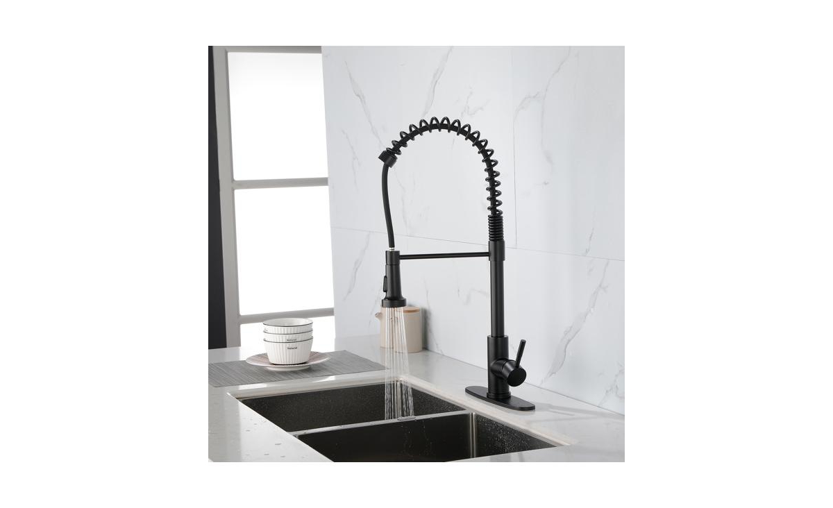 Slickblue MatteCommercial Kitchen Faucet with Solid Brass Construction, Single Handle and Pull-Down Sprayer with Spring Design - Black