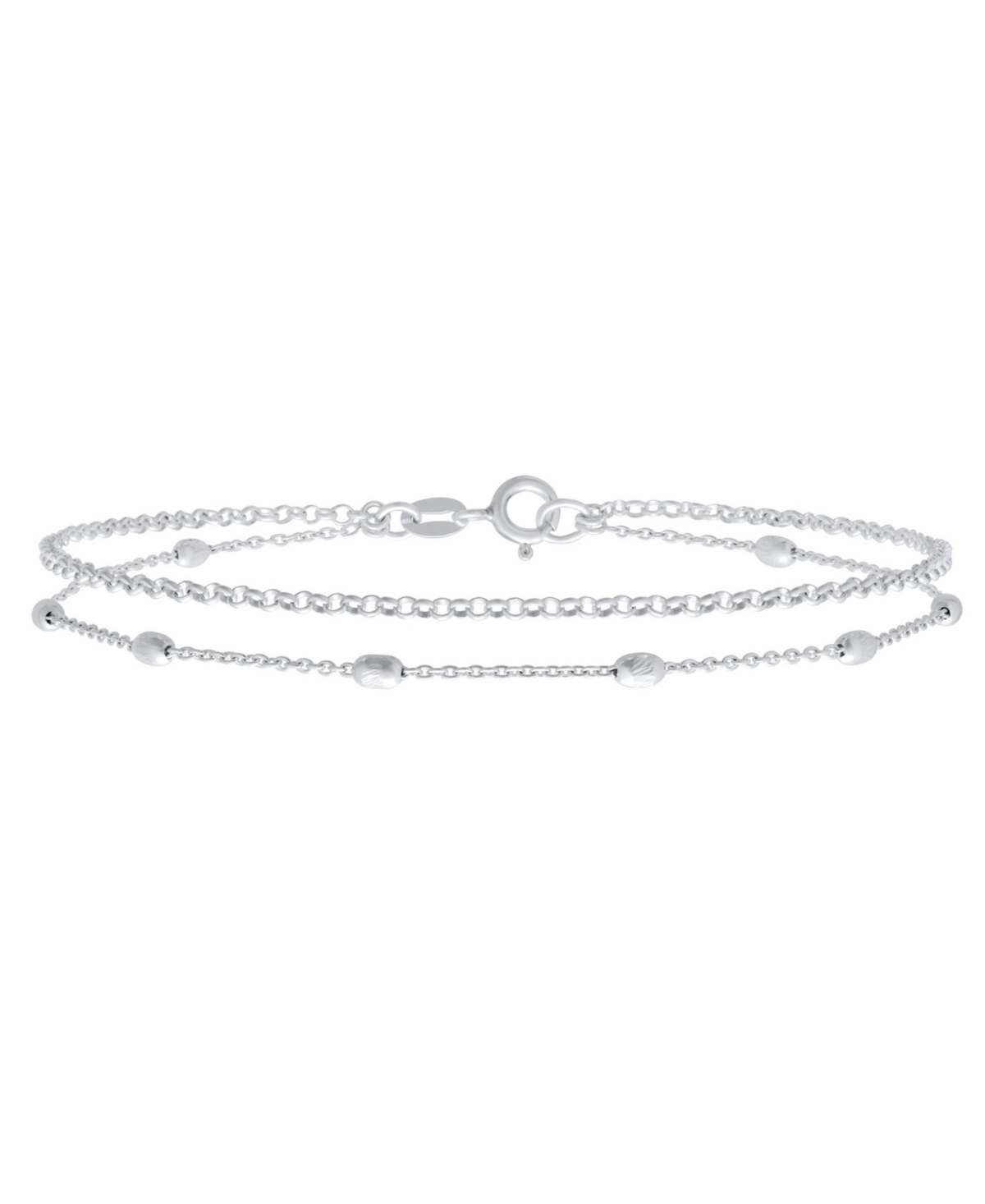 Simple Minimalist Alternating Chain Oval .925 Sterling Silver Small Oval Beads Layer Double Chain Anklet Station Ankle Bracelet 9 Inch -