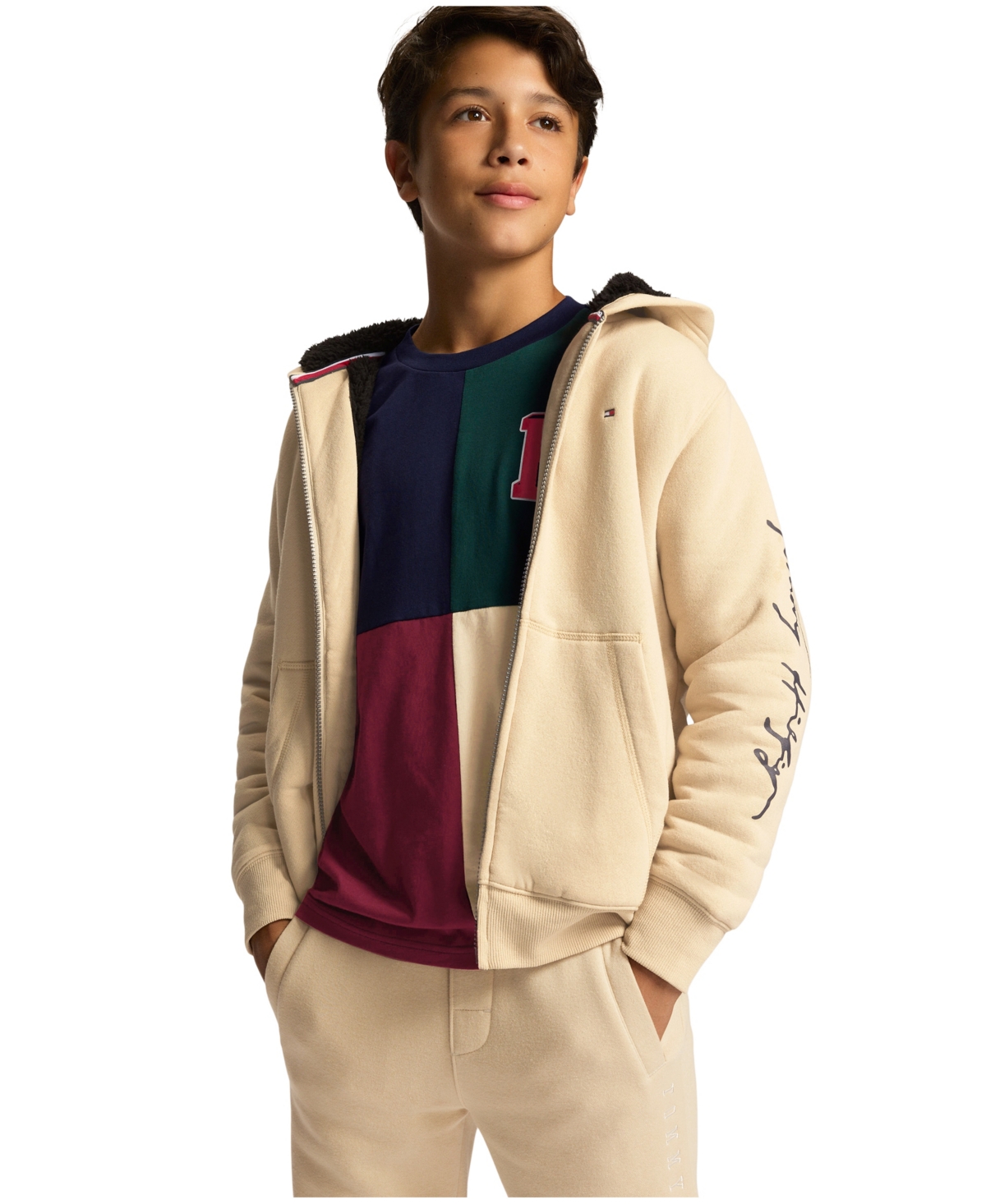 Tommy Hilfiger Toddler And Little Boys Tommy Script Zip Front Sherpa Hoodie In Irish Cream