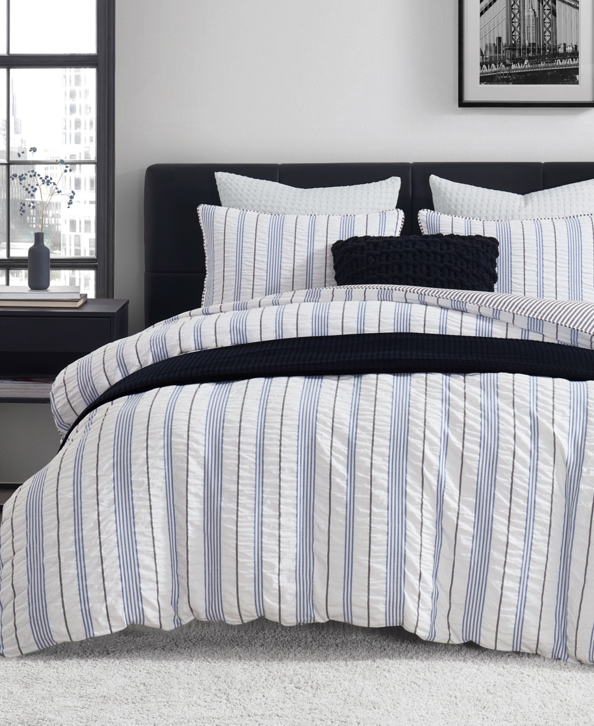 Dkny Seersucker Stripe 3 Piece Comforter Set, Full/queen In Blue