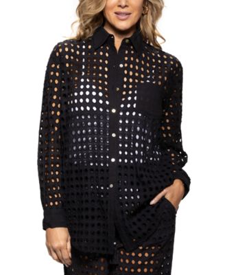 Dotti - Women's Cotton Openwork Dot Cover-Up Beach Shirt