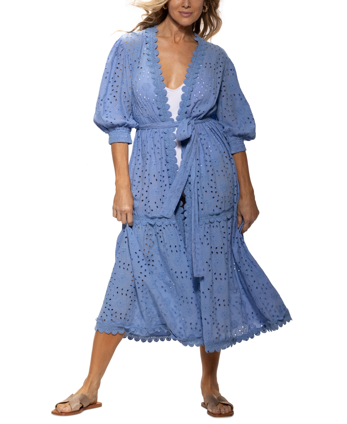 DOTTI WOMEN'S COTTON EYELET OPEN-FRONT COVER-UP KIMONO 