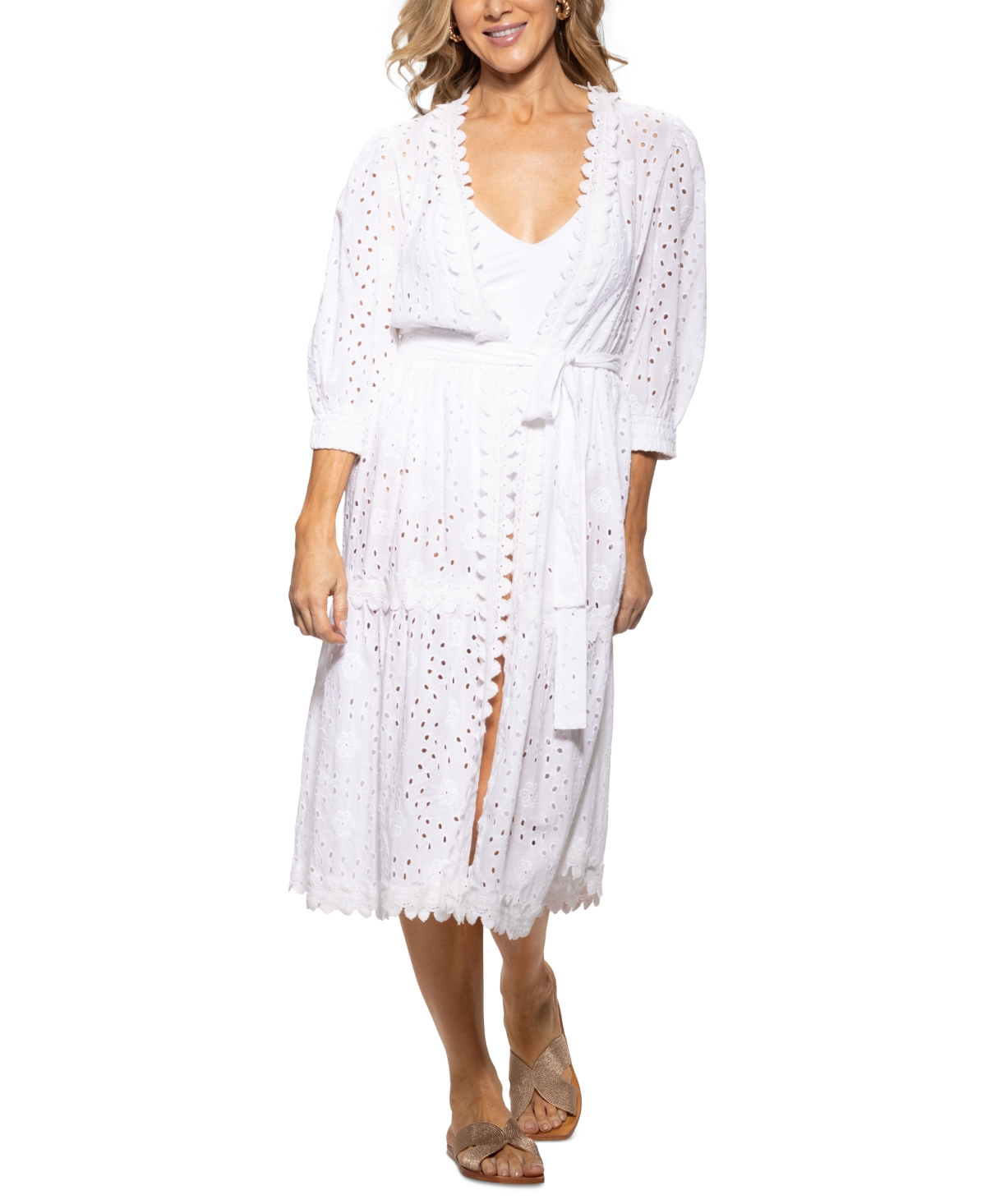 DOTTI WOMEN'S COTTON EYELET OPEN-FRONT COVER-UP KIMONO 