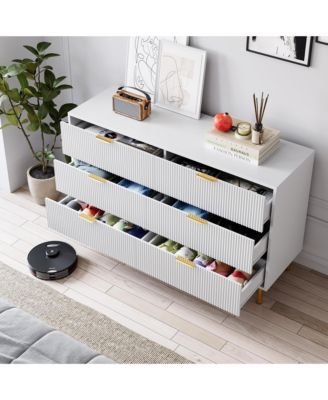 White 6 Drawer Dresser for Bedroom, 56” Wide Wood Dresser Organizer with Metal Legs