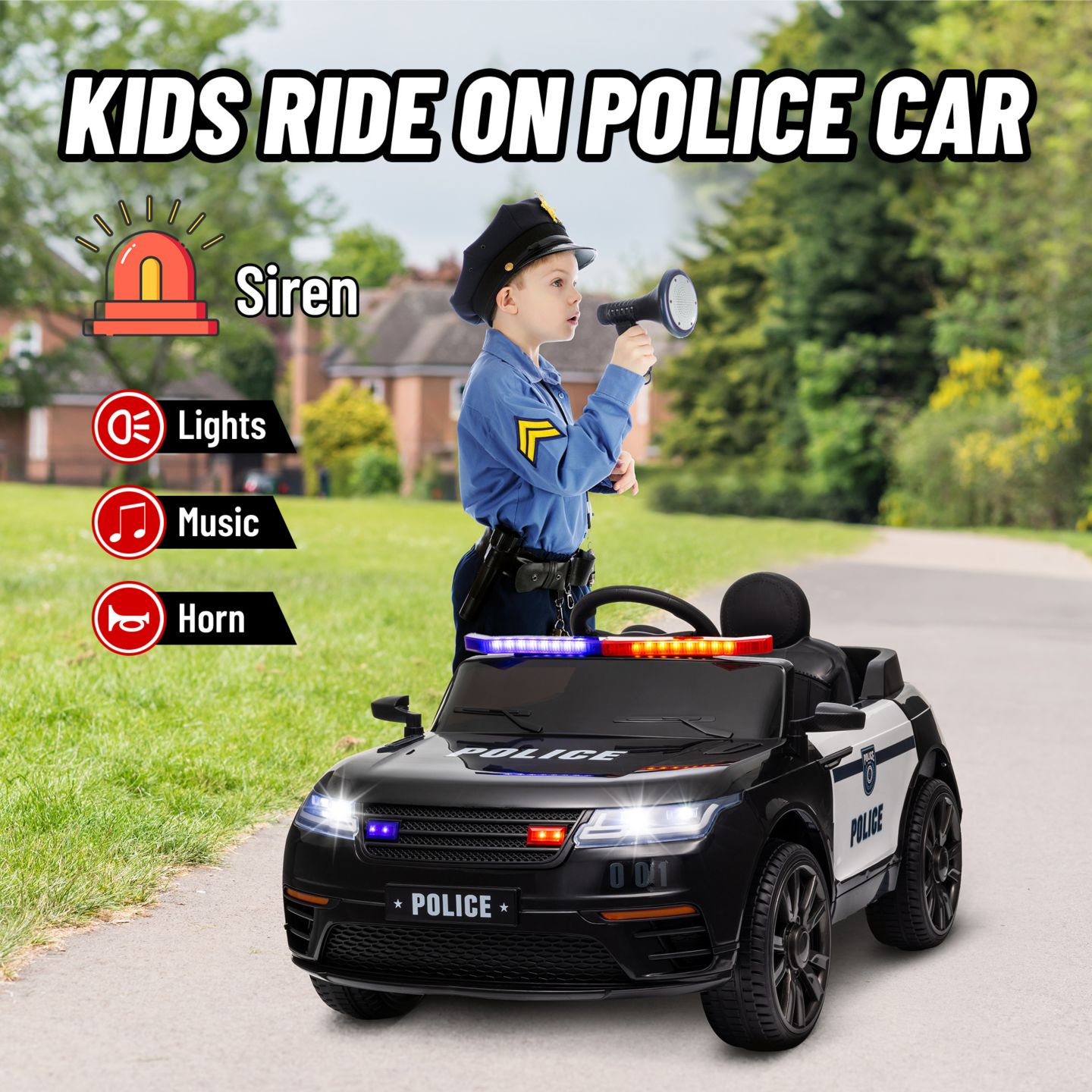 Детская игрушка Qaba 12V Police Patrol Ride-On Car with Remote Control and Adjustable Speeds, 55 lbs., Ages 3-7, цвет: Чёрный — фото 2
