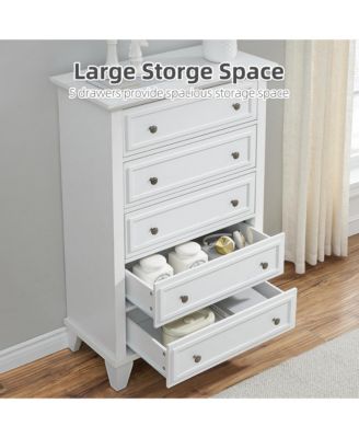 5 Drawers Dresser for Bedroom, White Dresser with Wide Drawers, Wood Chest of Drawers, Tall Dresser for Bedroom