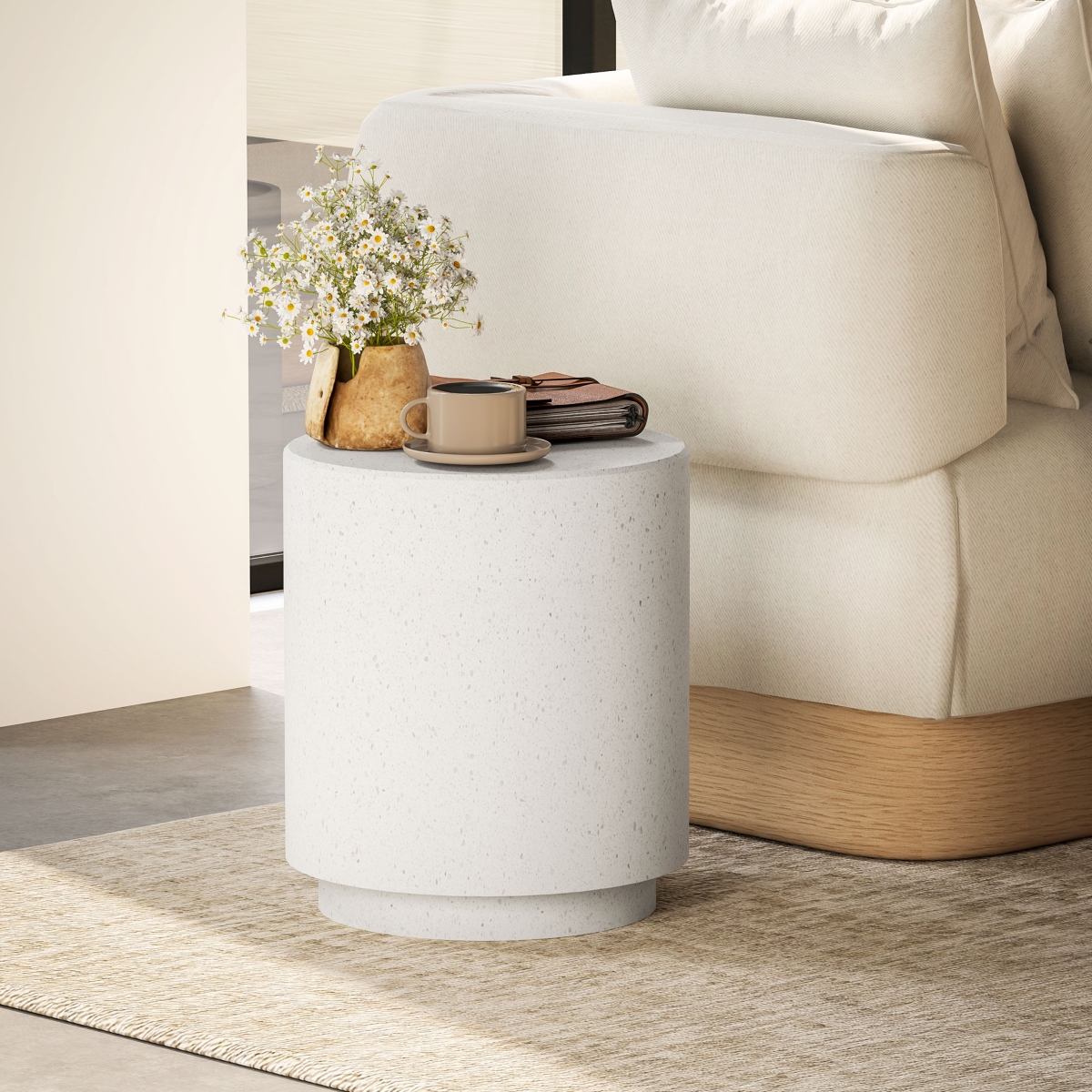 Homcom Round Side Table, End Table with 4 Adjustable Feet,- Cream white