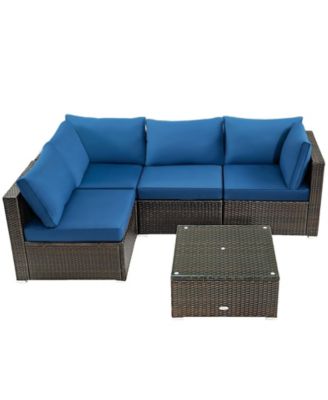 5 Pieces Cushioned Patio Rattan Furniture Set with Glass Table