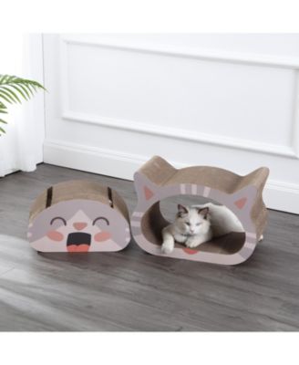 Opal 19" Modern Cardboard Happy Cat Head 2-in-1 Cat Cave Scratcher with Built-In Bell Toys and Catnip
