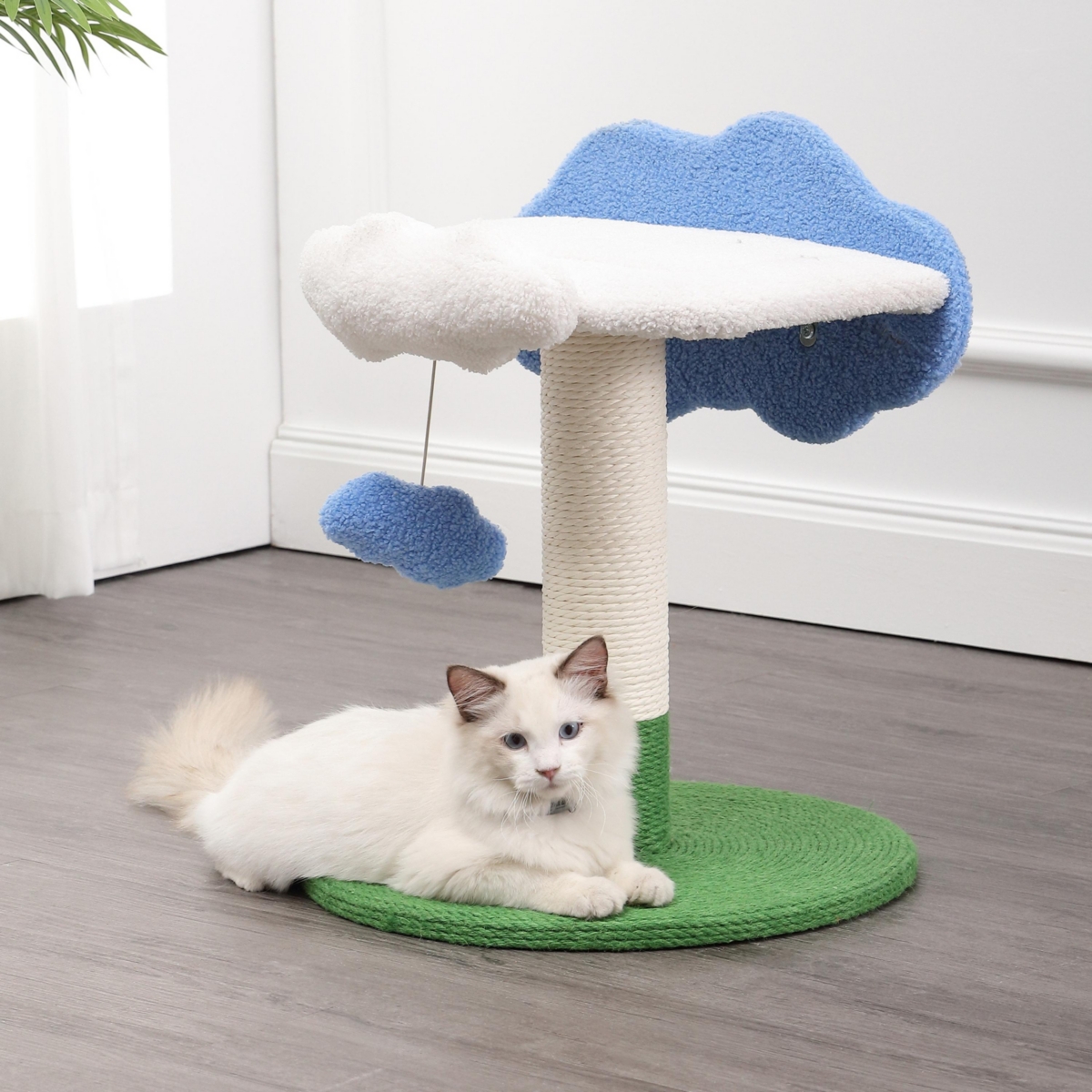 The Licker Store Sami 21.5" Modern Jute Cloud Cat Tree with Scratching Post, and Fuzzy Toy, White/Blue/Green